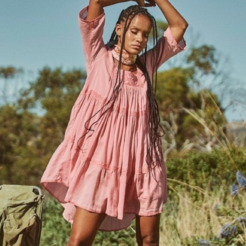 Spell & The Gypsy Collective Harmony Tunic Pink Lace Tiered Mini Dress Size S